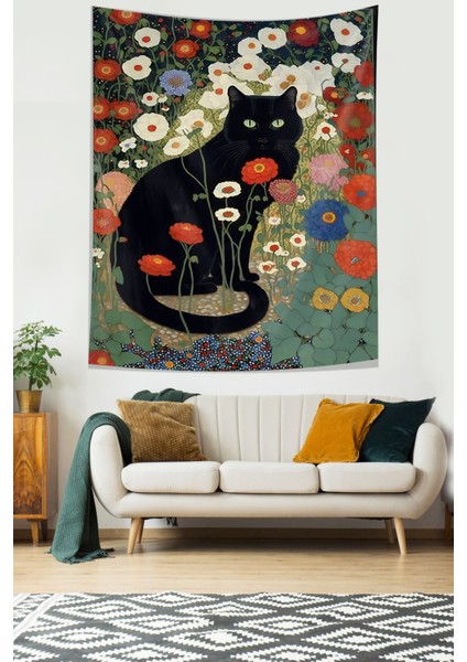 Çiçekler Içerisindeki Siyah Kedi Leke Tutmaz Kumaş Duvar Örtüsü Duvar Halısı Tapestry