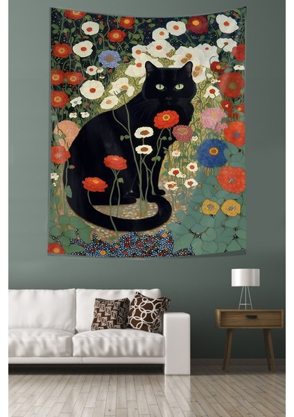 Çiçekler Içerisindeki Siyah Kedi Leke Tutmaz Kumaş Duvar Örtüsü Duvar Halısı Tapestry