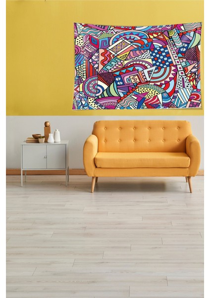 Multirenk Geometrik Çizimli Leke Tutmaz Kadife Kumaş Duvar Örtüsü Duvar Halısı Tapestry