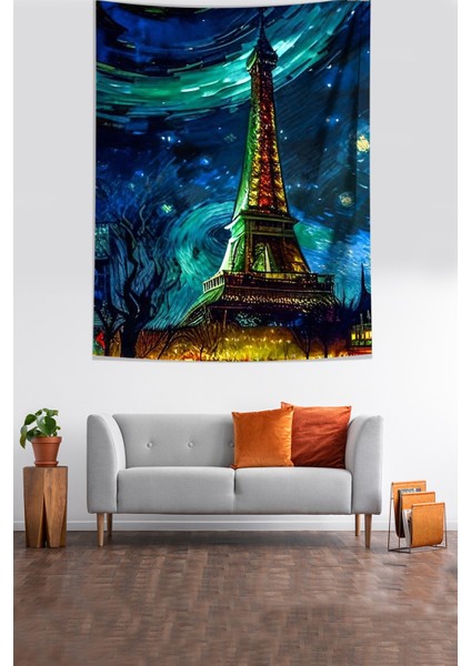 Van Gogh Yıldızlı Geceler ve Eyfel Kulesi Leke Tutmaz Kumaş Duvar Örtüsü Duvar Halısı Tapestry