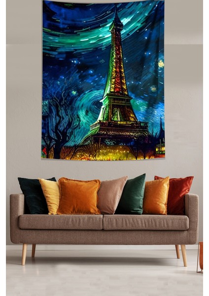 Van Gogh Yıldızlı Geceler ve Eyfel Kulesi Leke Tutmaz Kumaş Duvar Örtüsü Duvar Halısı Tapestry modelleri
