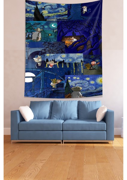 Van Gogh Yıldızlı Geceler Temalı Tablolar Leke Tutmaz Kumaş Duvar Örtüsü Duvar Halısı Tapestry