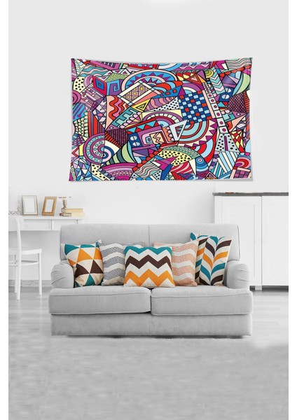 Multirenk Geometrik Çizimli Leke Tutmaz Kadife Kumaş Duvar Örtüsü Duvar Halısı Tapestry modelleri