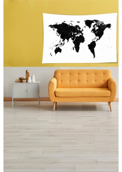 Siyah Beyaz Dünya Haritası Desenli Leke Tutmaz Kadife Kumaş Duvar Örtüsü Duvar Halısı Tapestry