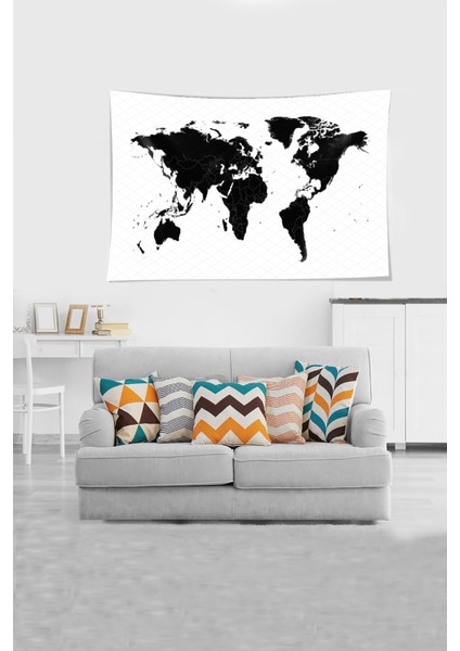 Siyah Beyaz Dünya Haritası Desenli Leke Tutmaz Kadife Kumaş Duvar Örtüsü Duvar Halısı Tapestry fiyatları