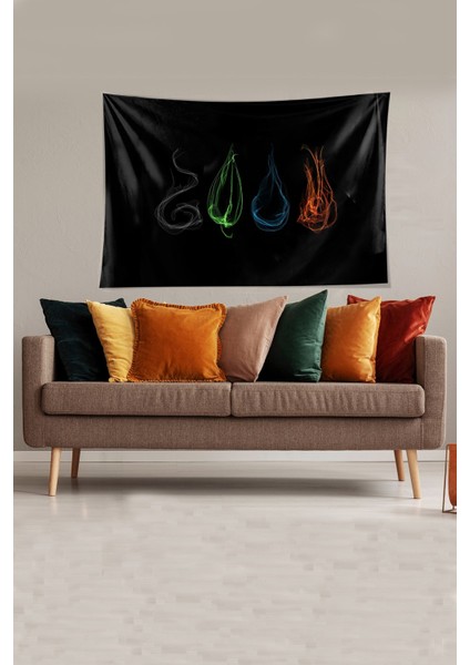 Siyah 4 Ana Element Desenli Leke Tutmaz Kadife Kumaş Duvar Örtüsü Duvar Halısı Tapestry modelleri