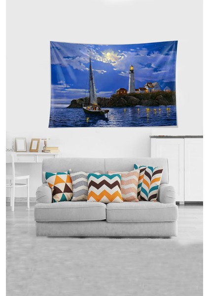 Mavi Deniz Fenerine Bakan Çift Desenli Leke Tutmaz Kadife Kumaş Duvar Örtüsü Duvar Halısı Tapestry