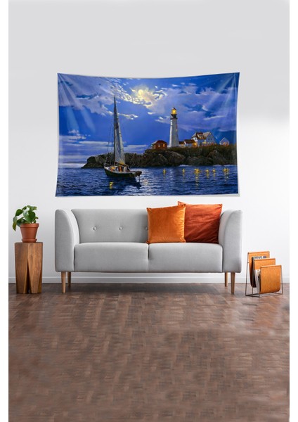 Mavi Deniz Fenerine Bakan Çift Desenli Leke Tutmaz Kadife Kumaş Duvar Örtüsü Duvar Halısı Tapestry fiyatları