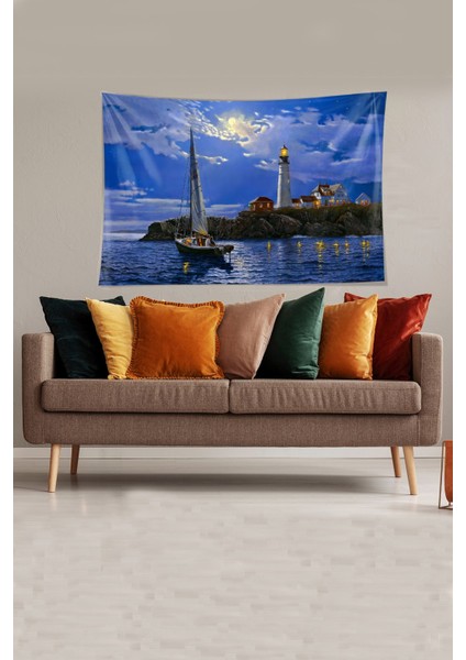 Mavi Deniz Fenerine Bakan Çift Desenli Leke Tutmaz Kadife Kumaş Duvar Örtüsü Duvar Halısı Tapestry modelleri