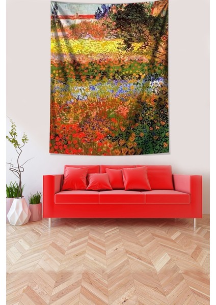 Çiçekli Bahçe Van Gogh Leke Tutmaz Kumaş Duvar Örtüsü Duvar Halısı Tapestry