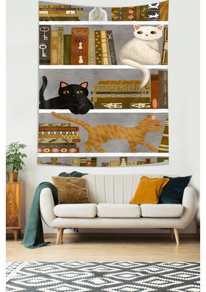 Kitaplıktaki Kitaplar ve Kediler Leke Tutmaz Kumaş Duvar Örtüsü Duvar Halısı Tapestry