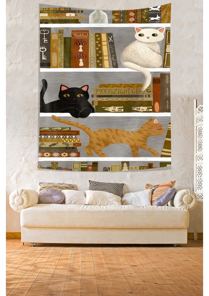 Kitaplıktaki Kitaplar ve Kediler Leke Tutmaz Kumaş Duvar Örtüsü Duvar Halısı Tapestry fiyatları