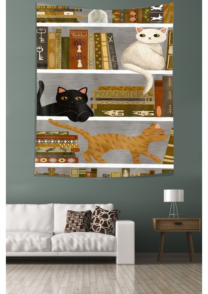 Kitaplıktaki Kitaplar ve Kediler Leke Tutmaz Kumaş Duvar Örtüsü Duvar Halısı Tapestry modelleri