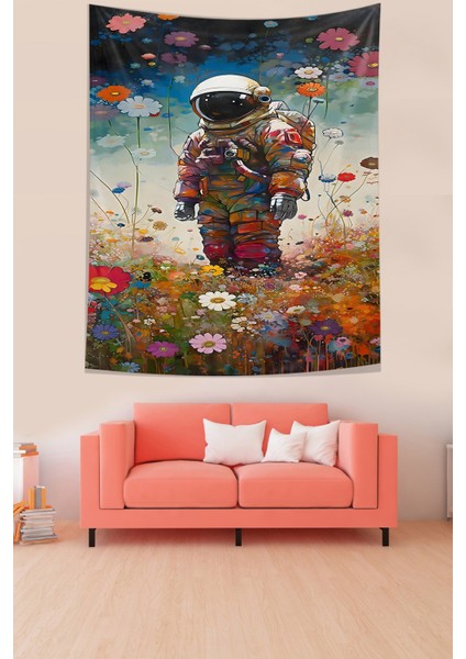 Astronot ve Çiçekler Leke Tutmaz Kumaş Duvar Örtüsü Duvar Halısı Tapestry