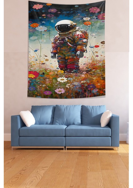 Astronot ve Çiçekler Leke Tutmaz Kumaş Duvar Örtüsü Duvar Halısı Tapestry