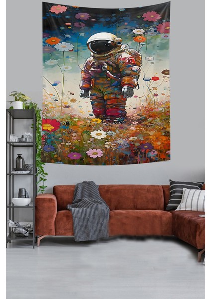 Astronot ve Çiçekler Leke Tutmaz Kumaş Duvar Örtüsü Duvar Halısı Tapestry