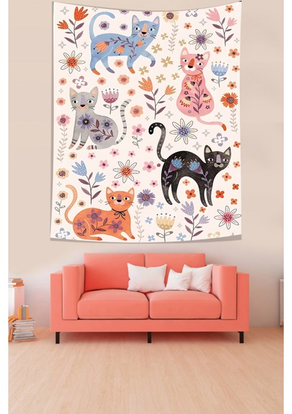 Çiçekler ve Kediler Leke Tutmaz Kumaş Duvar Örtüsü Duvar Halısı Tapestry