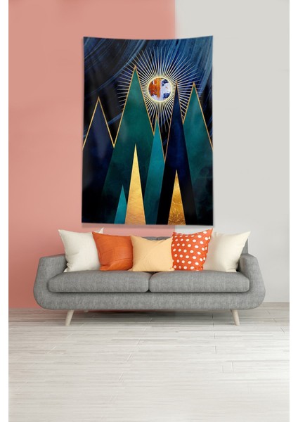 Mavi Güneşin Doğuşu Sunset Leke Tutmaz Kadife Kumaş Duvar Örtüsü Duvar Halısı Tapestry