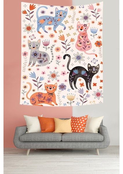 Çiçekler ve Kediler Leke Tutmaz Kumaş Duvar Örtüsü Duvar Halısı Tapestry