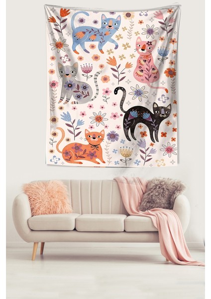 Çiçekler ve Kediler Leke Tutmaz Kumaş Duvar Örtüsü Duvar Halısı Tapestry