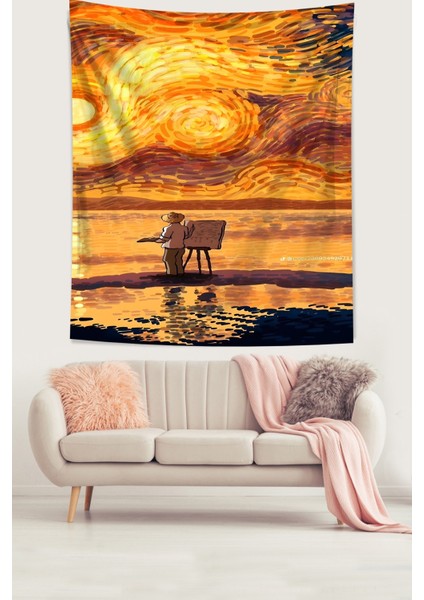 Van Gogh Deniz Kenarında Ressam Leke Tutmaz Kumaş Duvar Örtüsü Duvar Halısı Tapestry