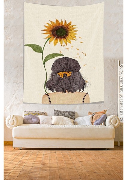 Ayçiçekli Kız Leke Tutmaz Kumaş Duvar Örtüsü Duvar Halısı Tapestry
