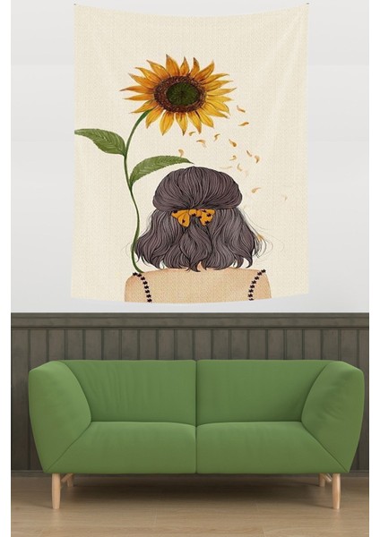 Ayçiçekli Kız Leke Tutmaz Kumaş Duvar Örtüsü Duvar Halısı Tapestry