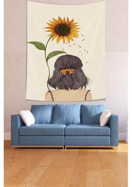 Ayçiçekli Kız Leke Tutmaz Kumaş Duvar Örtüsü Duvar Halısı Tapestry