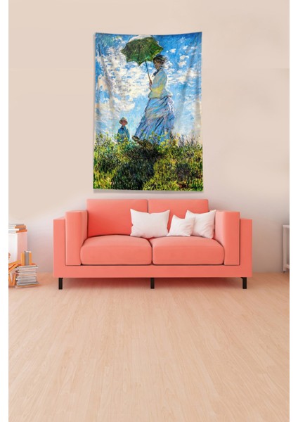Mavi Şemsiyeli Kadın Leke Tutmaz Kadife Kumaş Duvar Örtüsü Duvar Halısı Tapestry