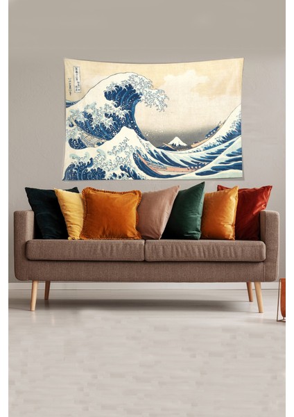 Bej-Mavi Katsushika Hokusai Serisi Leke Tutmaz Kadife Kumaş Duvar Örtüsü Duvar Halısı Tapestry