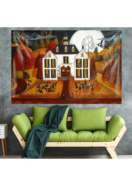 Hallowen Şato Cadı Desen Leke Tutmaz Kadife Dokulu Kumaş Duvar Örtüsü Duvar Halısı Tapestry