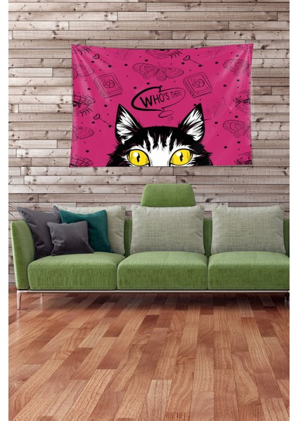 Pembe Kedi Desenli Leke Tutmaz Kadife Kumaş Duvar Örtüsü Duvar Halısı Tapestry