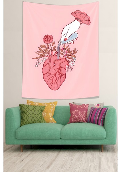 Kalpte Açan Çiçekleri Sulama Temalı Leke Tutmaz Kumaş Duvar Örtüsü Duvar Halısı Tapestry