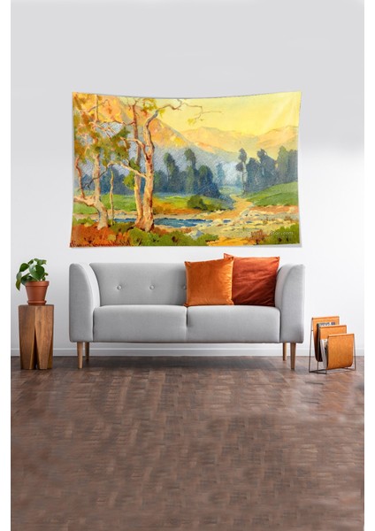 Çok Renki Orman Manzarılı Leke Tutmaz Kadife Kumaş Duvar Örtüsü Duvar Halısı Tapestry