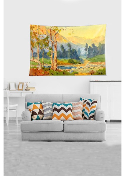 Çok Renki Orman Manzarılı Leke Tutmaz Kadife Kumaş Duvar Örtüsü Duvar Halısı Tapestry fiyatları