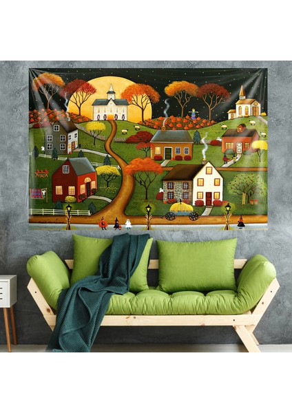 Köy Evleri Tablo Desen Leke Tutmaz Kadife Kumaş Duvar Örtüsü Duvar Halısı Tapestry