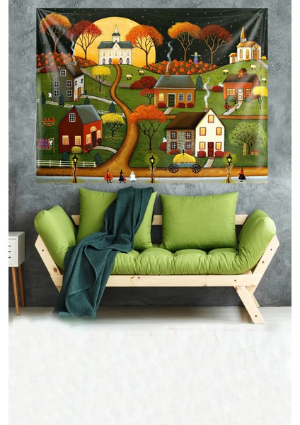 Köy Evleri Tablo Desen Leke Tutmaz Kadife Kumaş Duvar Örtüsü Duvar Halısı Tapestry