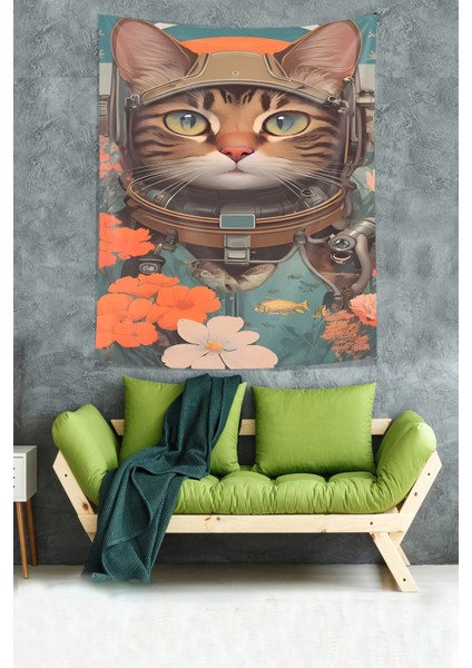 Çiçekli Astranot Kedi Leke Tutmaz Kumaş Duvar Örtüsü Duvar Halısı Tapestry modelleri