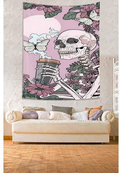 Çiçekli Kahve Içen Kafatası Leke Tutmaz Kumaş Duvar Örtüsü Duvar Halısı Tapestry