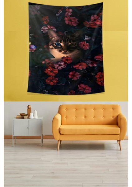 Çiçeklerin Içindeki Heterokromik Gözlü Kedi Leke Tutmaz Kumaş Duvar Örtüsü Duvar Halısı Tapestry