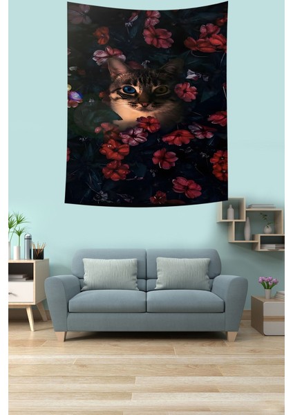 Çiçeklerin Içindeki Heterokromik Gözlü Kedi Leke Tutmaz Kumaş Duvar Örtüsü Duvar Halısı Tapestry fiyatları