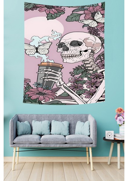 Çiçekli Kahve Içen Kafatası Leke Tutmaz Kumaş Duvar Örtüsü Duvar Halısı Tapestry fiyatları
