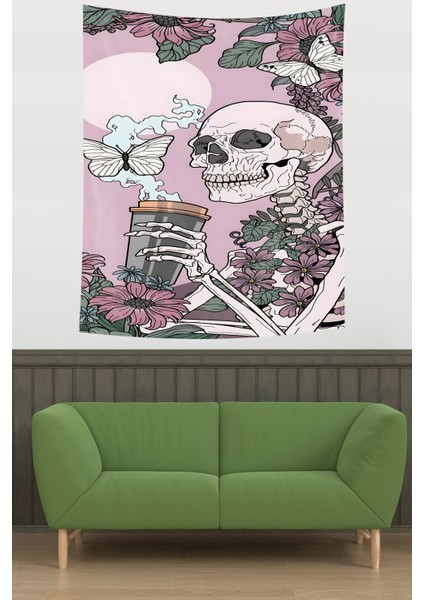 Çiçekli Kahve Içen Kafatası Leke Tutmaz Kumaş Duvar Örtüsü Duvar Halısı Tapestry modelleri