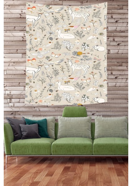 Sevimli Orman Hayvanları Leke Tutmaz Kumaş Duvar Örtüsü Duvar Halısı Tapestry
