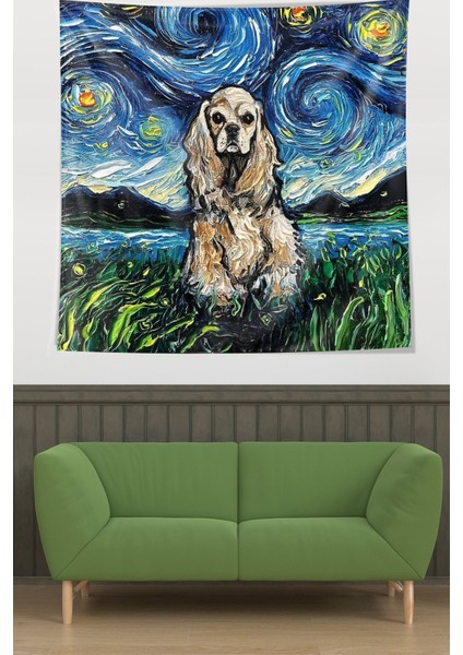 Van Gogh Yıldızlı Geceler Içinde Sevimli Köpek Leke Tutmaz Kumaş Duvar Örtüsü Duvar Halısı Tapestry
