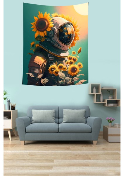 Ayçiçekleri Arasındaki Astronot Leke Tutmaz Kumaş Duvar Örtüsü Duvar Halısı Tapestry