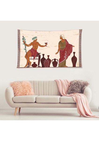 Antik Yunan Tanrısı Kadeh Desen Leke Tutmaz Kadife Dokulu Kumaş Duvar Örtüsü Duvar Halısı Tapestry