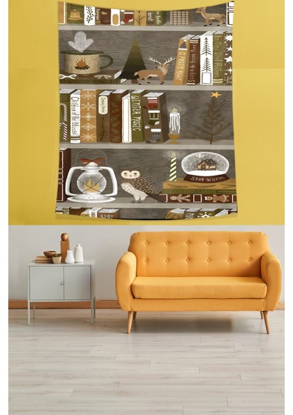 Kitaplıkta Yılbaşı Süsleri Christmas Noel Tema Leke Tutmaz Kumaş Duvar Örtüsü Duvar Halısı Tapestry