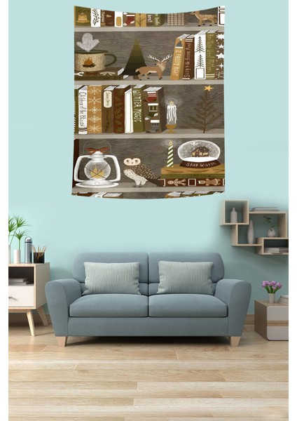 Kitaplıkta Yılbaşı Süsleri Christmas Noel Tema Leke Tutmaz Kumaş Duvar Örtüsü Duvar Halısı Tapestry fiyatları