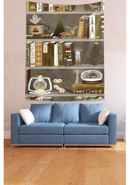 Kitaplıkta Yılbaşı Süsleri Christmas Noel Tema Leke Tutmaz Kumaş Duvar Örtüsü Duvar Halısı Tapestry modelleri